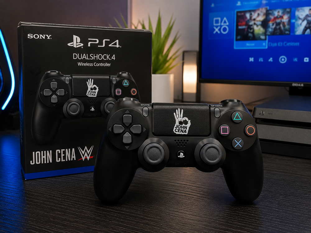 دسته بازی PS4 مشکی در محیط واقعی گیمینگ با نورپردازی حرفه ای و طراحی جذاب.